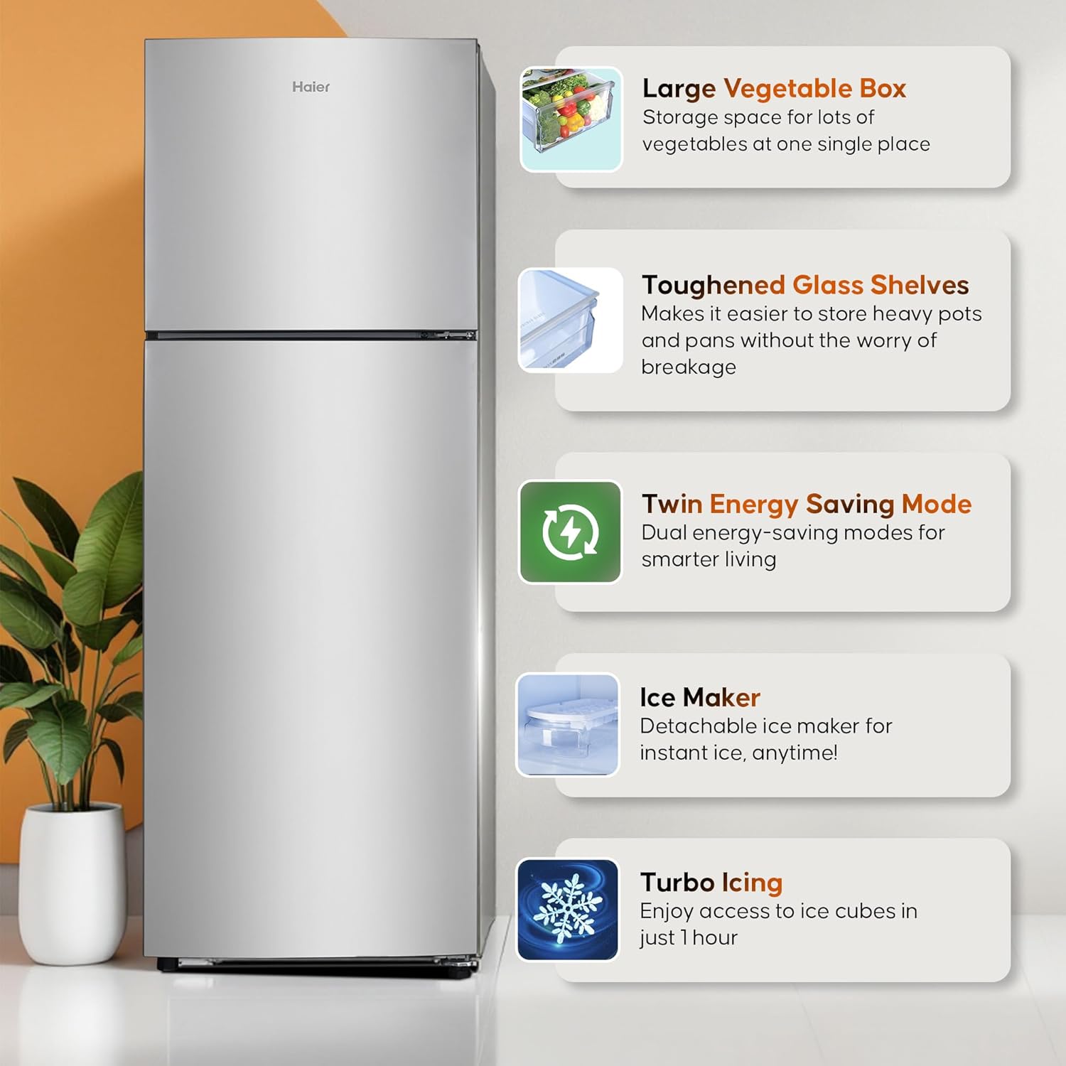 Haier 240L 2 Star Frost Free Top Mount Double Door Refrigerator|Cool Pad|200% Faster Ice Making in 49 Minutes (HEF-252EGS-P, Moon Silver) - Image 3