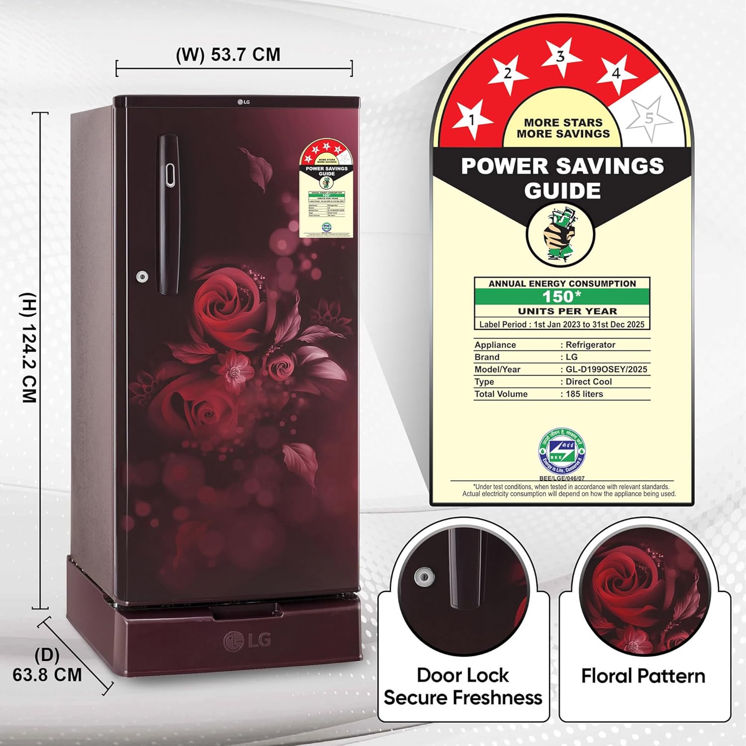 LG 185 L 4 Star Inverter Direct-Cool Single Door Refrigerator (GL-D199OSEY, Scarlet Euphoria, Base stand with drawer) - Image 3