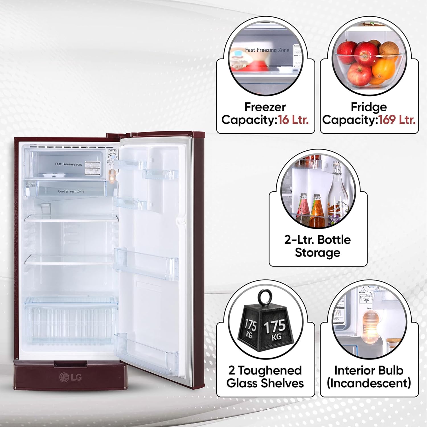 LG 185 L 4 Star Inverter Direct-Cool Single Door Refrigerator (GL-D199OSEY, Scarlet Euphoria, Base stand with drawer) - Image 5