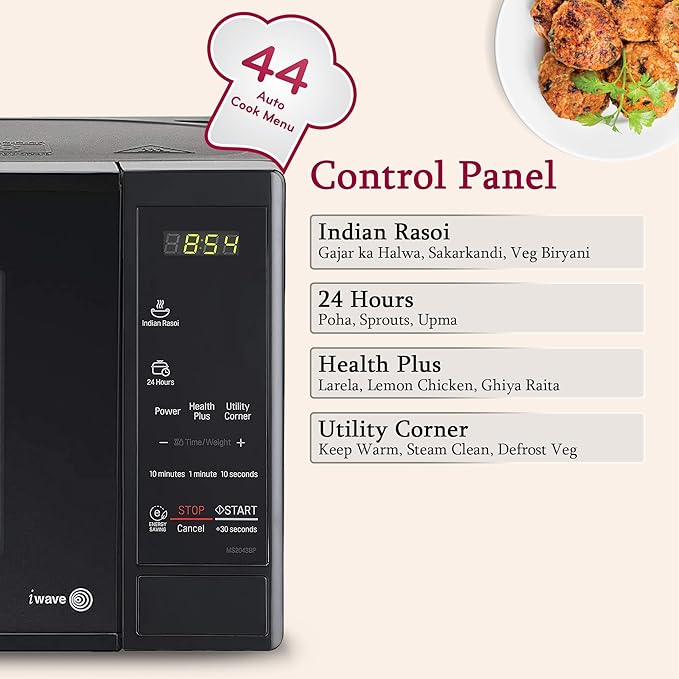 LG 20 L Solo Microwave Oven (MS2043BP, Black, Health plus Menu, I-Wave Technology, Indian Cuisine, Even Reheat & Defrost, Auto Cook Menu, Anti-Bacterial Cavity & Steam Clean) - Image 4